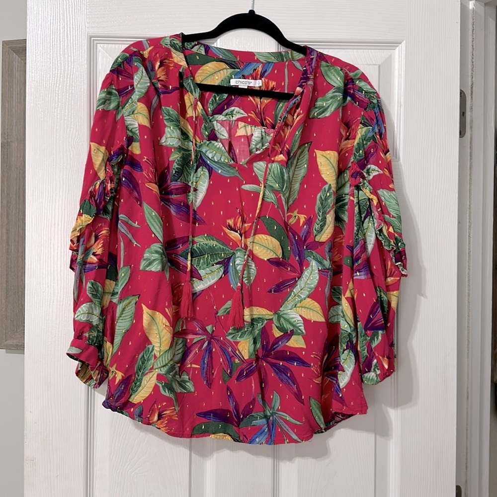 Chicos light weight top with gold accents color is magenta
